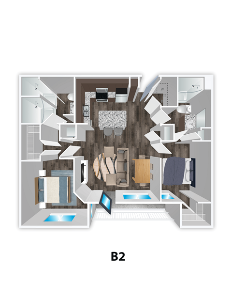 Floor plan for 2 beds, 2 baths, 1131 sqft